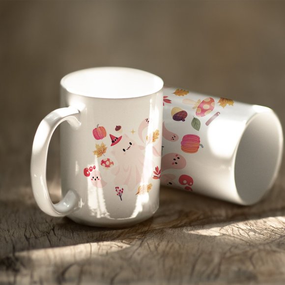 Halloween Pink cute ghosts Coffee Mug. Halloween Coffee Cup. 15oz Ceramic Mug - Picture 3 of 5